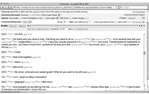 FIGURE 2 – A transcript view in SLAAP (a sociolinguistic interview with “CC”, a Mexican American female in Southern Texas; “EEC” is the interviewer)