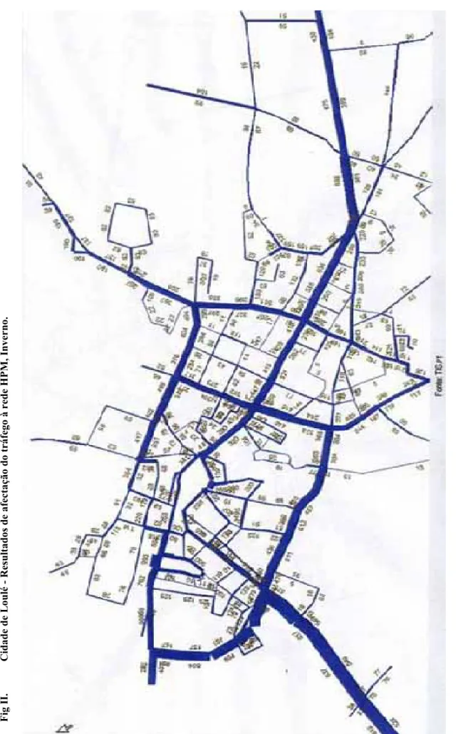 Fig II.  Cidade de Loulé - Resultados de afectação do tráfego à rede HPM, Inverno. 