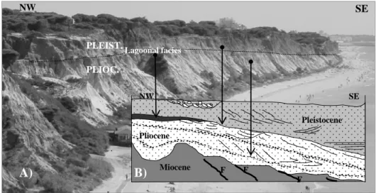 Figure 3. The Praia do Barranco outcrop showing the vertical distribution of the sediment facies,  the attributes of which are summarized in Table 1.