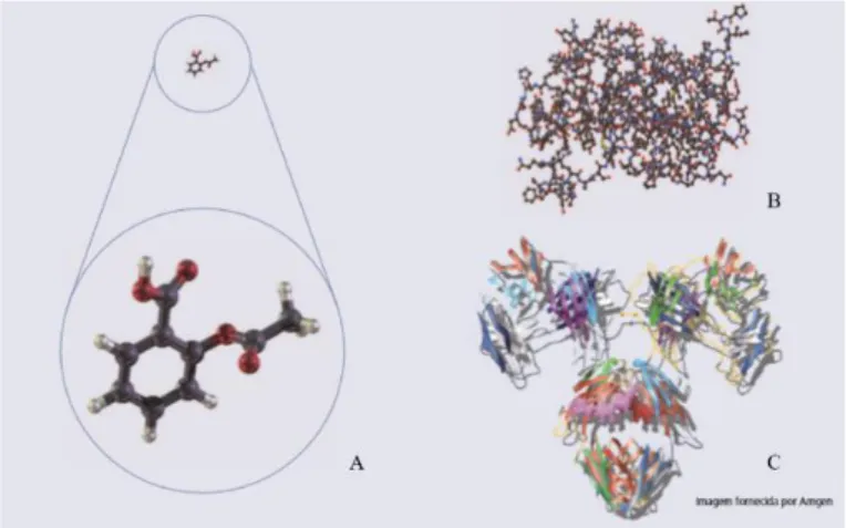 Figura 5 – Estrutura de uma molécula sintética, pequena, simples e fácil de caraterizar  (A); Estrutura de uma molécula biológica complexa, de tamanho médio a grande e difícil  de  caraterizar  (B);  Hormona  de  crescimento  humano  –  molécula  biológica