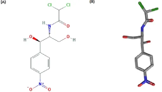 Figura  10.  Estrutura  do  cloranfenicol.  (A)  Estrutura  química  bidimensional  do  cloranfenicol; 