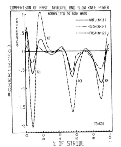 Figure 2.10: Knee power profile for slow, natural and fast walking velocities. [47]