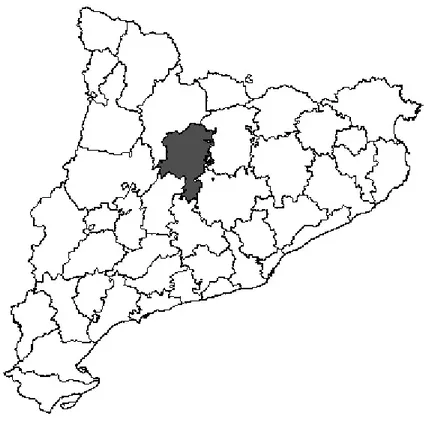 Figura 2. Mapa da localização geográfica da comarca de Solsonès e divisão administrativa da Catalunha