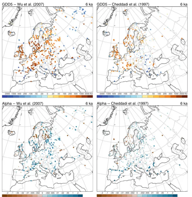 Fig. 5 Reconstructed climates (GDD5, alpha) for Europe at 6 ka using different data sets and two different methods: Cheddadi et al.