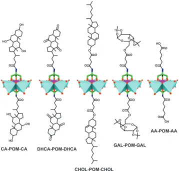 Figure 4. Biomolecule-functionalized Anderson structures. Cyan poly- poly-hedra are {MoO 6 }, magenta polyhedra {MnO 6 }, green sticks carbon, dark blue sticks nitrogen, red spheres oxygen.