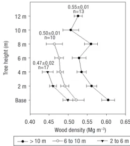 Figure 6. Mean wood basic density (Mg m –3 ) in each height classes (2 to 6 m, 6 to 10 m and &gt; 10 m)