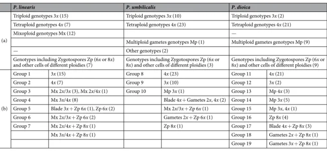 Table 3.  Genotypes across Porphyra spp. (a) Summary of genotypes vs. ploidy levels found for each species: 