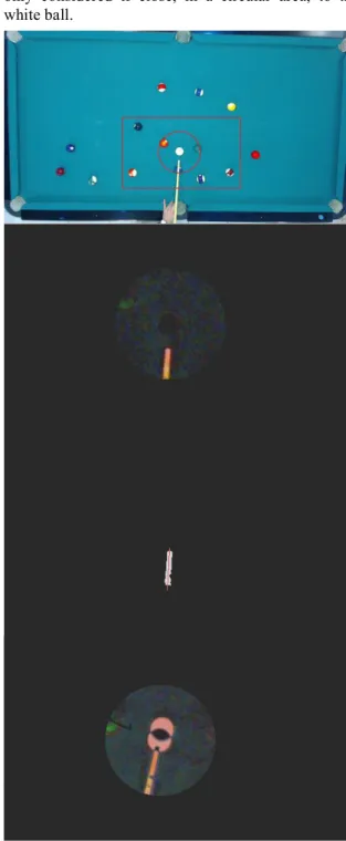 Figure 4. Top to bottom, frame with the RoIs  represented, image after subtraction with ,
