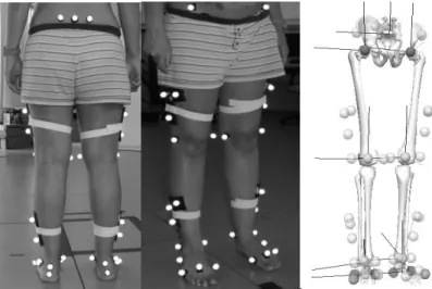 Figure 1 - Marker setup used for motion captures and lower limb and pelvis constructions: five  markers for pelvis, five markers for thigh, seven markers for shank an eight markers for foot a)  Posterior setup