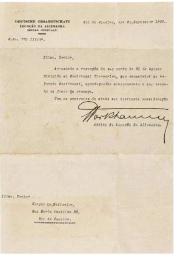 Figura 1 - Carta do Consulado da Alemanha no Rio de Janeiro do dia 21 de  setembro de 1932 (Buarque, 2014, p