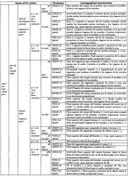Table 1. Delimitation and grouping of  senses of  cabeza: c1 a c10