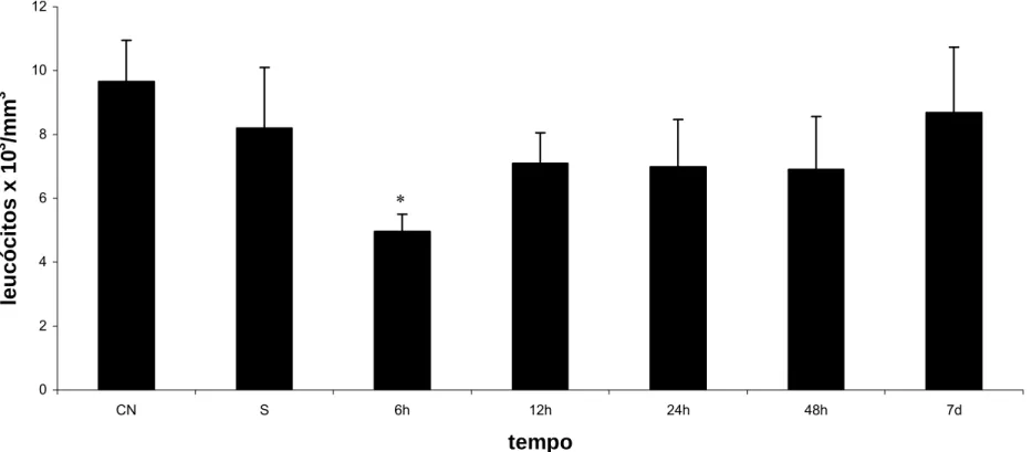 Figura 4: Efeito da administração endovenosa de MagheCi (2,6 × 10  15  partículas) sobre a contagem global de leucócitos em  camundongos fêmeas Swiss em tempos que variavam entre 6 horas e 7 dias