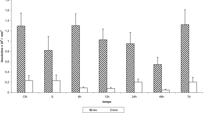 Figura 7 - Efeito da administração endovenosa de MagheCi (2,6 × 10 15  partículas) sobre a contagem diferencial de leucócitos  em camundongos fêmeas Swiss em tempos variando de 6 horas a 7 dias