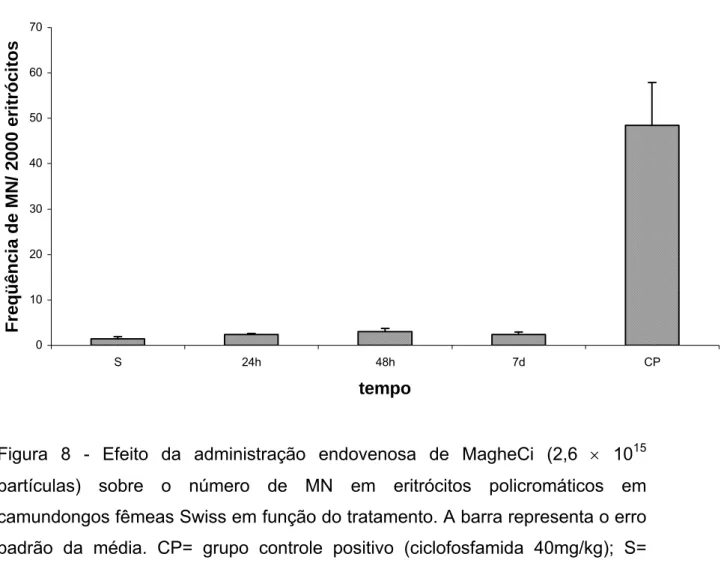 Figura 8 - Efeito da administração endovenosa de MagheCi (2,6 × 10 15 partículas) sobre o número de MN em eritrócitos policromáticos em  camundongos fêmeas Swiss em função do tratamento