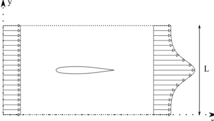 Figure 1.2: Control volume for a flapping airfoil producing thrust. control volume. T = ρ ∫ L 0 U (x 0 , y) 2 − U ∞2 dy (1.11)