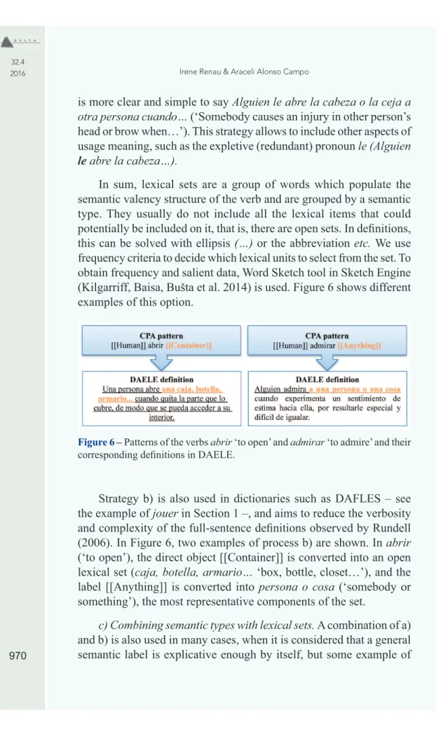 Figure 6 – Patterns of the verbs abrir ‘to open’ and admirar ‘to admire’ and their  corresponding deﬁ nitions in DAELE.