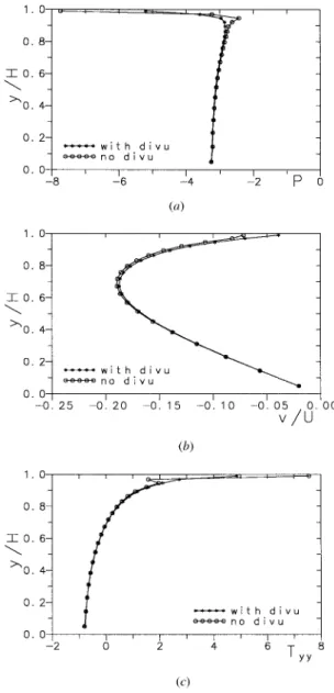 Figure 4. E ffect of including the div u term in the constitutive equation: transve rse profiles at xs 0.01 H of s 