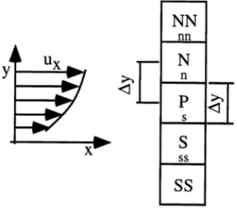 Fig. 4. An uniform grid representing cell P and its neighbours in the north – south vicinity.