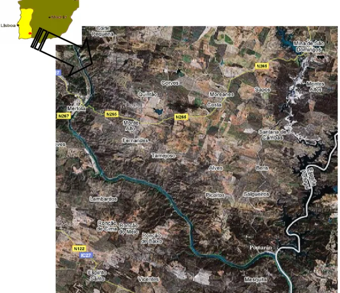 Figura 3 – Localização geográfica da mina de São Domingos e Pomarão (adaptado de  http://maps.google.com/)