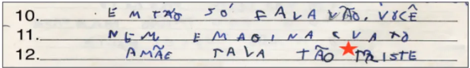 Figura 2 – Estado do manuscrito escolar “Os três todinhos e a dona  Sabor” 16 , linhas 10 a 12, aos 25:51, (6 o  processo,28/11/1991).