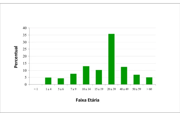 Figura 7. Distribuição por faixa etária da população cadastrada no SIAB (1)  na localidade de  Vila Ideal em 2008