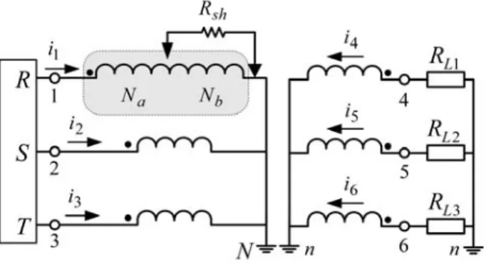 Fig. 6. Equivalent electric circuit for the case of a primary-side faulty winding (phase R)