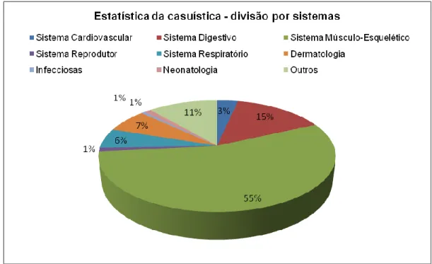 Gráfico I. Estatística da casuística dos casos divididos por sistemas seguidos ao longo das 16 semanas  de estágio 