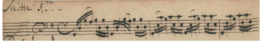 Figura 1 - Excerto do manuscrito da Suite 1 para Violoncelo  BWV 1007 composta por Johann Sebastian Bach no ano de 1720.