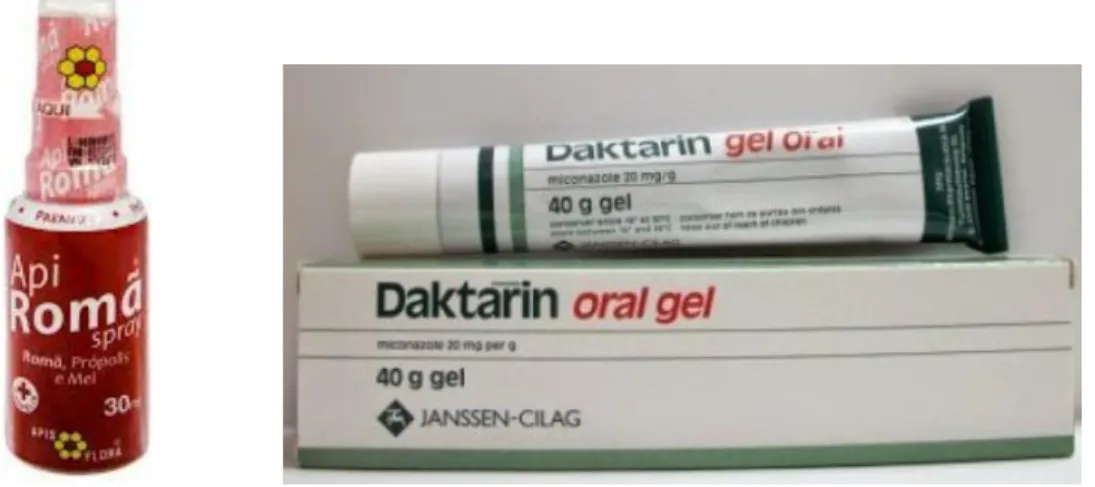 Figura 1 – Produtos utilizados: Apiromã ® e Daktarin gel oral ® 