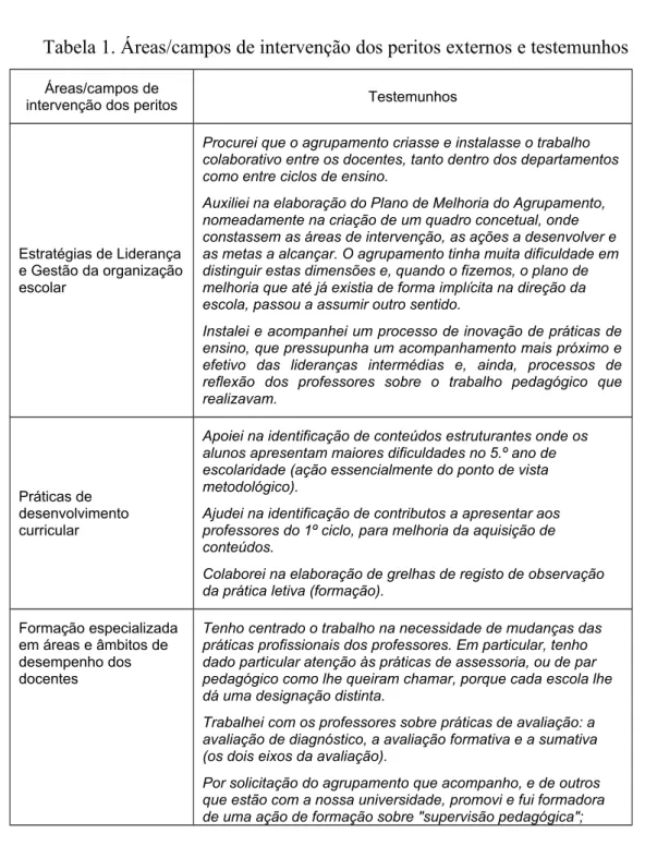 Tabela 1. Áreas/campos de intervenção dos peritos externos e testemunhos