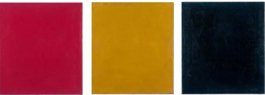 Fig. 3 Alexander Rodchenko, Cor  vermelho puro, amarelo puro,  azul puro, 1921. Óleo sobre  tela, 62,5 x 52,5 cm (cada),  imagem cortesia do Arquivo  A