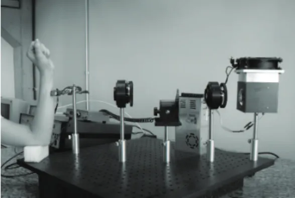 Figure 2. Experimental setup with volunteer positioned for  measurement.