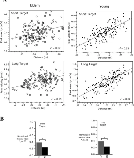 Figure 3A shows movement distance plotted as a  function of peak tangential velocity for both groups  of representative subjects (older: left; young: right)