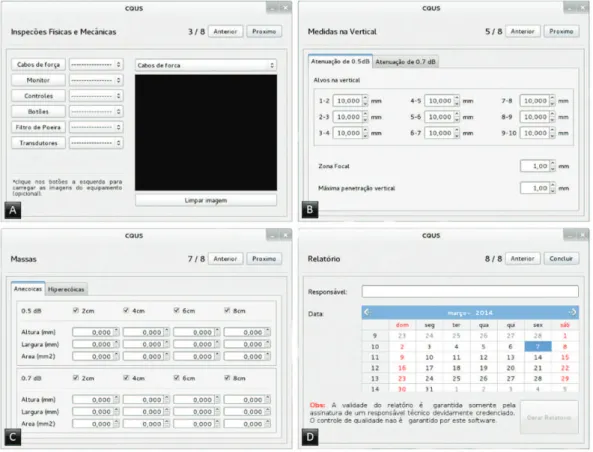 Figure 2. Illustration of a few of the quality control software display windows. Each separate quality control test is in different steps, with  easy access for the ultrasound professional