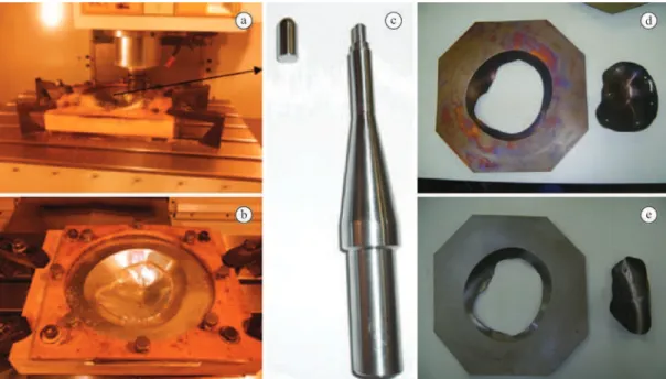 Figure 4. Incremental forming (a) and cutting (b) of a grade 2 pure titanium sheet; c) Tool shape made with 4340 steel and a tip made with  pure grade 2 titanium; d) Cut proile after heat treatment (stress relief) of the formed sheet; e) Cut proile without