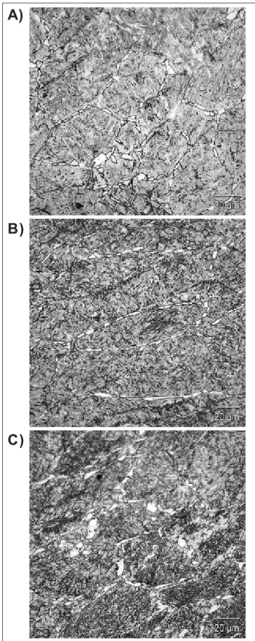 Figure 7A (optical microscopy) shows a non-deformed region with a martensite microstructure and some idiomorphic ferrite grains, confirmed by Figure 7B obtained by electron microscopy, where the ferrite grains were formed in the austenite boundaries.