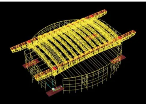 Figure 6 - Computer model for the 300m long (200 m clear span) trusses of the retractable roof of the Houston Reliant Energy Stadium (SAP 2000 model by Walter P.