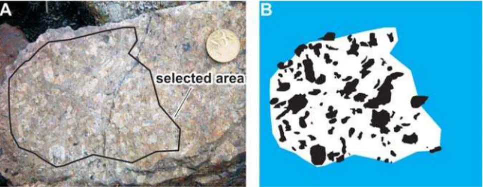 Figure 2 - Image treatments for phenocryst modal analyses before the Wilbur application using vectorial graphic software: A)  the  area selected for the modal analysis; B) manual vectorial marking of the phenocryst areas.