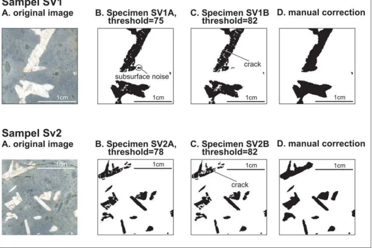 Figure 7 - Natural rock image and computer treated ones of SV1 (A, B, C, D) and SV2 (E, F, G, H): (A, E) Original colour image of the cut surface; (B, F) Computer output image of selected pixels for the specimens of strict selection, SV1A, SV2A; (C, G) tho