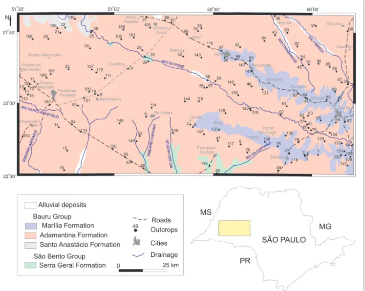 Figure 1 - Geographic and geologic location of the study area and sampling sites (geology according to Almeida et alli, 1981 and Milani and Ramos, 1998).