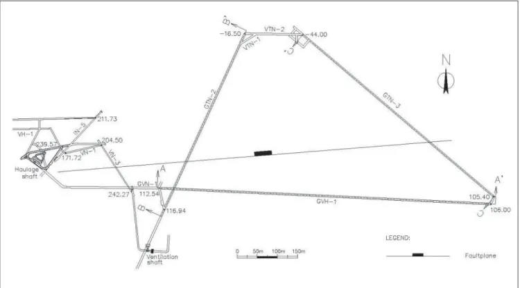 Figure 6 - General layout of the working drives of the Central fi eld’s -44m level.