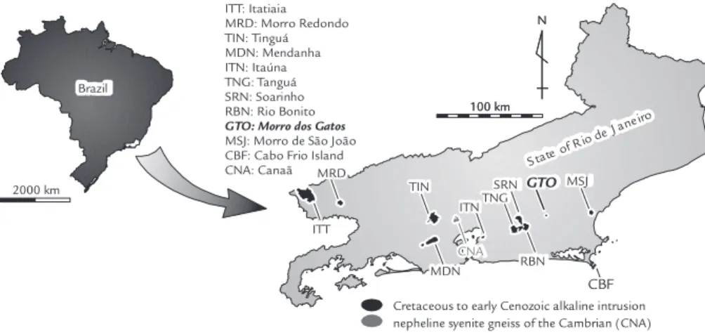 Figure 1 Alkaline rock bodies of the State of  Rio de Janeiro, Brazil, indicating the  Morro dos Gatos alkaline intrusive  rock body, modiied from Motoki et al