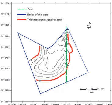 Figure 3 Map of thicknesses values of the  bentonite layer and the elements  that limit the mineral body.