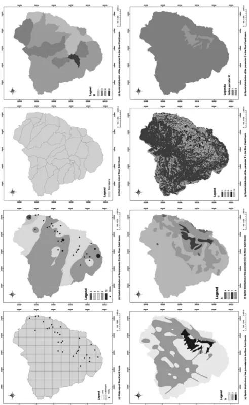 Figure 2 Spatial data of Cabril River Basin: wells  locations (a), depth of hydrostatic level  (b), sub-basins (c), annual recharge of the  aquifer (d), material of the aquifer (e),  soils (f), topography (g) and hydraulic  conductivity (h).