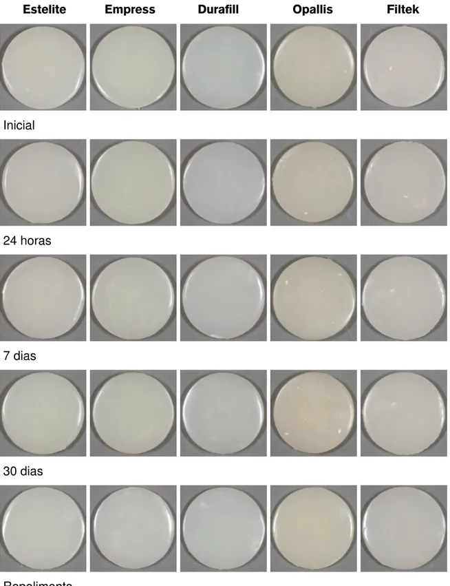 Figura 15: Fotos da evolução do manchamento dos discos de resina após a imersão  em água destilada 