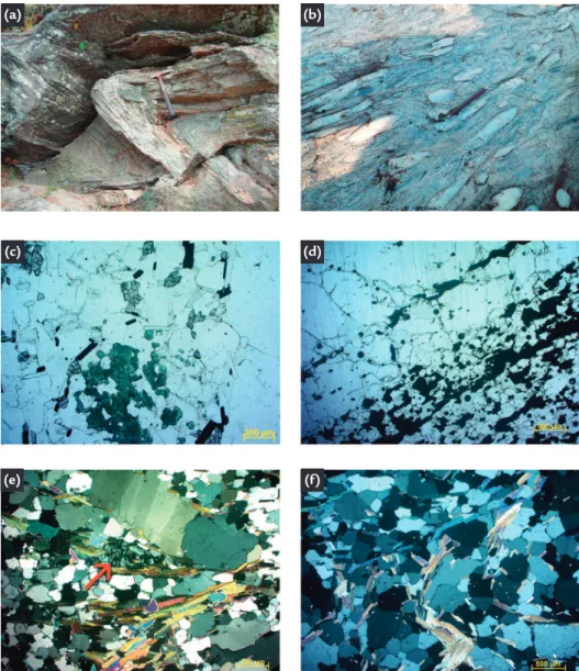 Figure 2  (a) - Outcrop of the dated  folded quartzite (Point JP-F02 on Fig. 1b),  view to SSW
