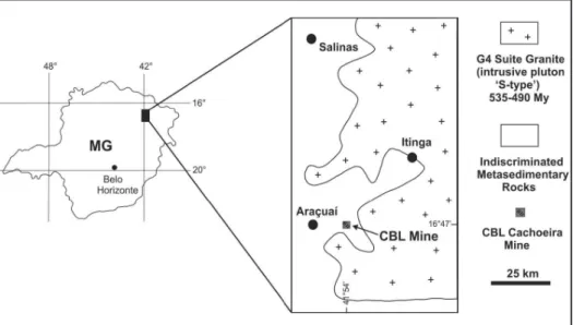 Figure 1 CBL Cachoeira mine localization  eastern of Araçuaí town (modified from  Romeiro and Pedrosa-Soares, 2005).