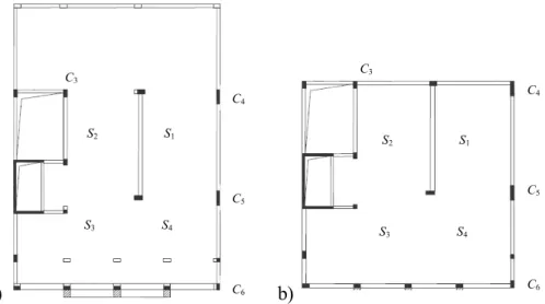 Figure 4. Plans of the: a) first floor; and b) second to forth floors (and roof) of building 1