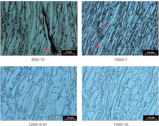 Figure 6 shows the microstruc- microstruc-tures observed after deformation in  regions of possible processing,  speci-ied by the maps in Figures 3 and 4,  and in the instability region indicated  by the processing map of the Figure 4
