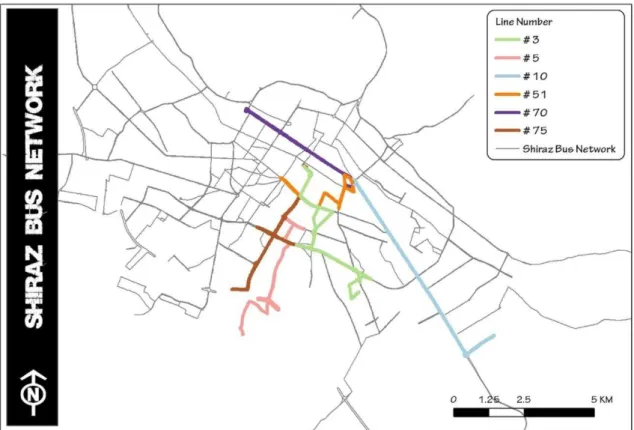 Figure 2- The selected bus routes of Shiraz bus network 